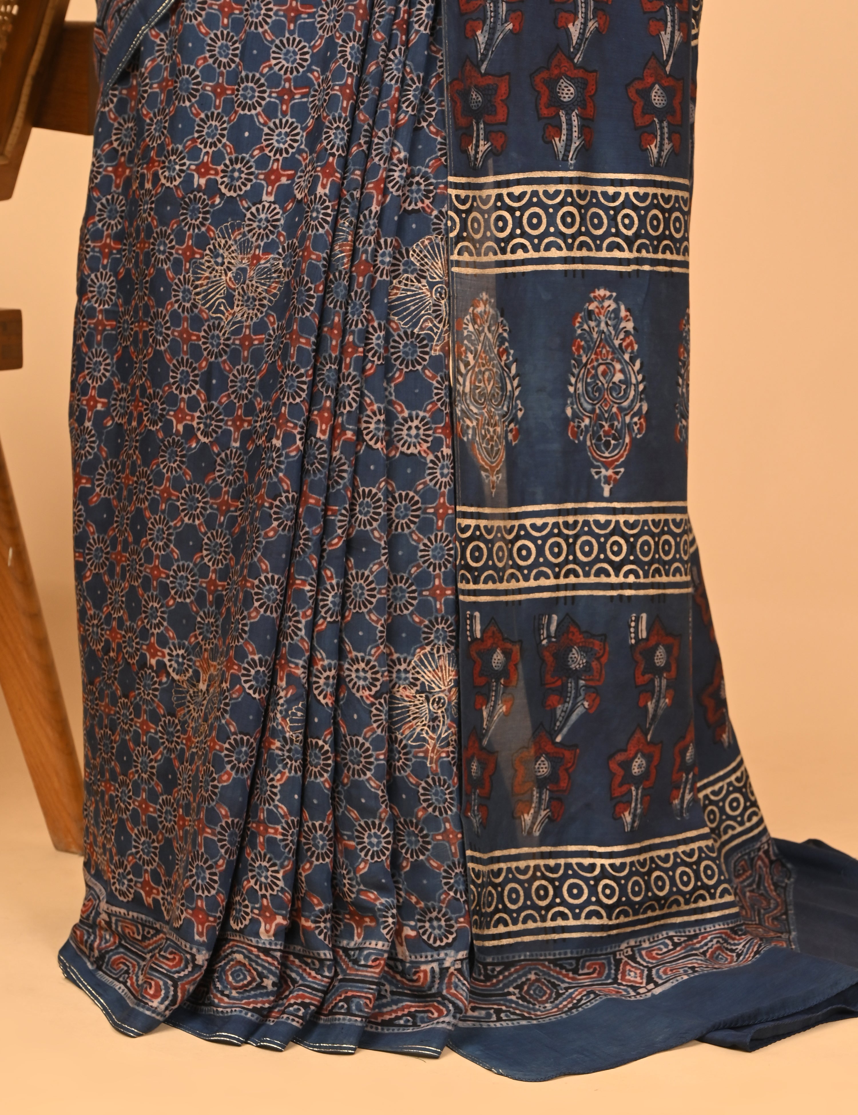 Sunheri Indigo Ajrakh Saree
