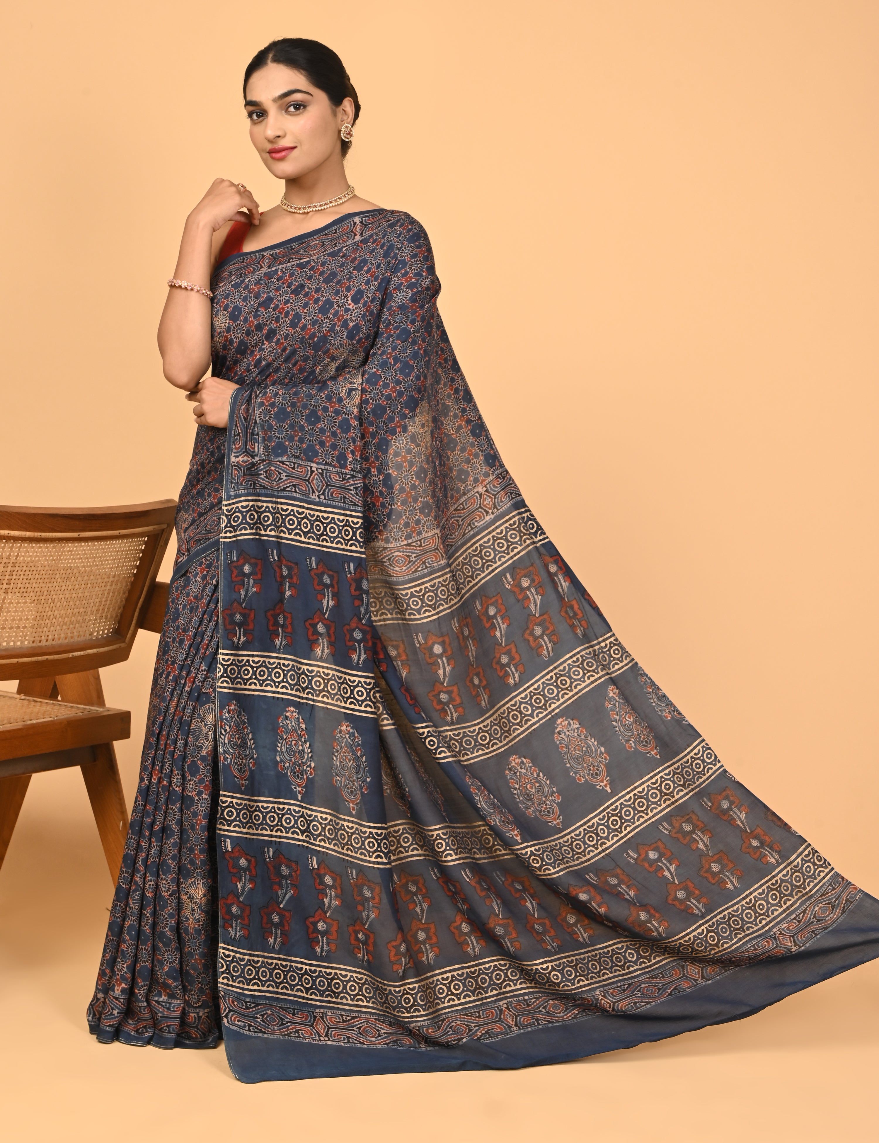 Sunheri Indigo Ajrakh Saree
