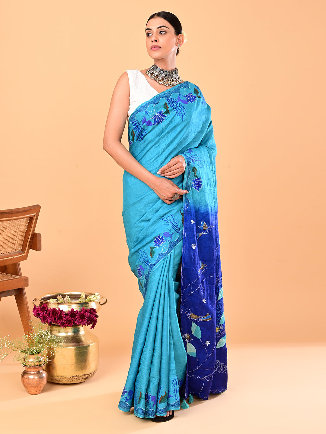 Padma Turquoise Applique Saree