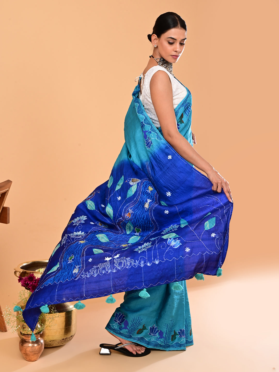 Padma Turquoise Applique Saree