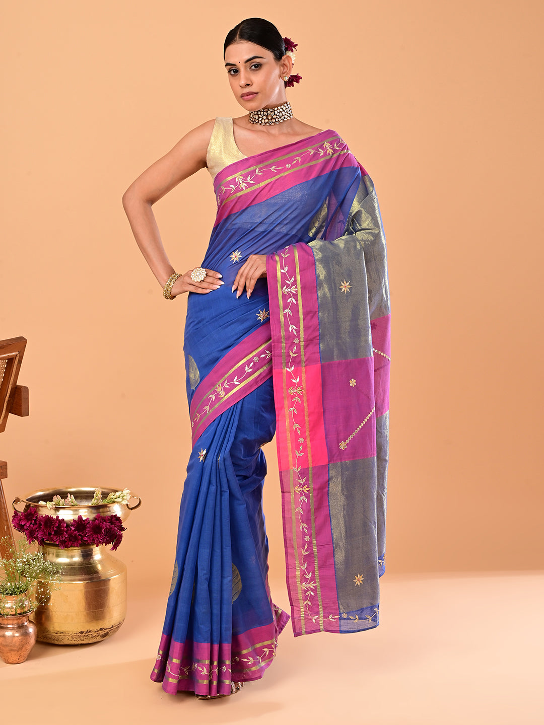 Paan Blue Venkatagiri Jamdani & Gota Patti Saree