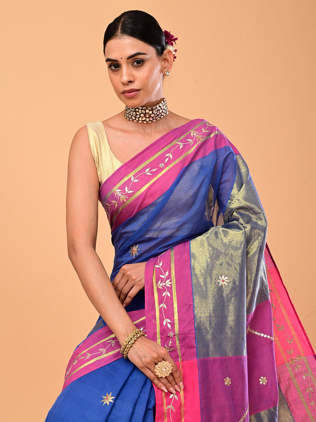 Paan Blue Venkatagiri Jamdani & Gota Patti Saree