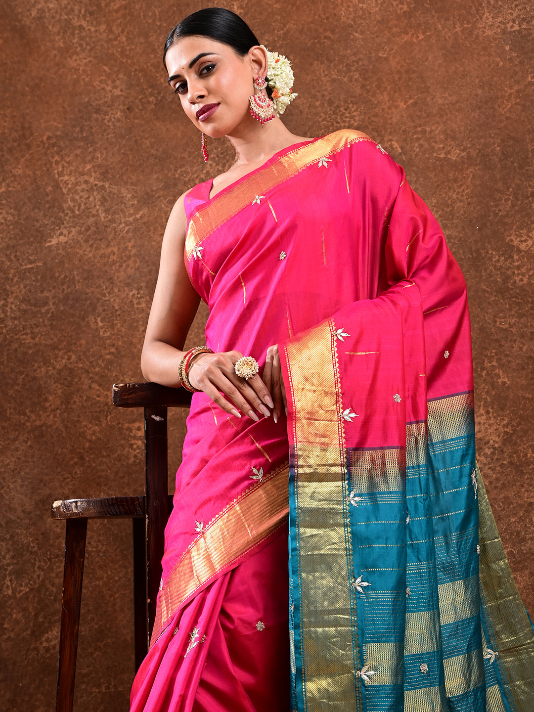 Rajani Fuchsia Kanjevaram Handloom Silk & Gota Patti Saree