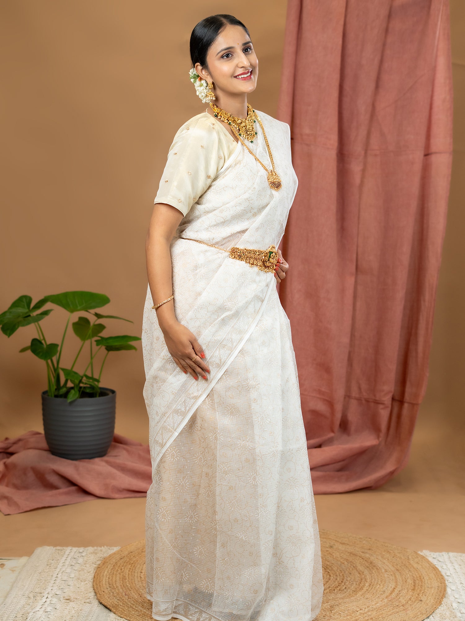 Malar White Hand Block Print Saree