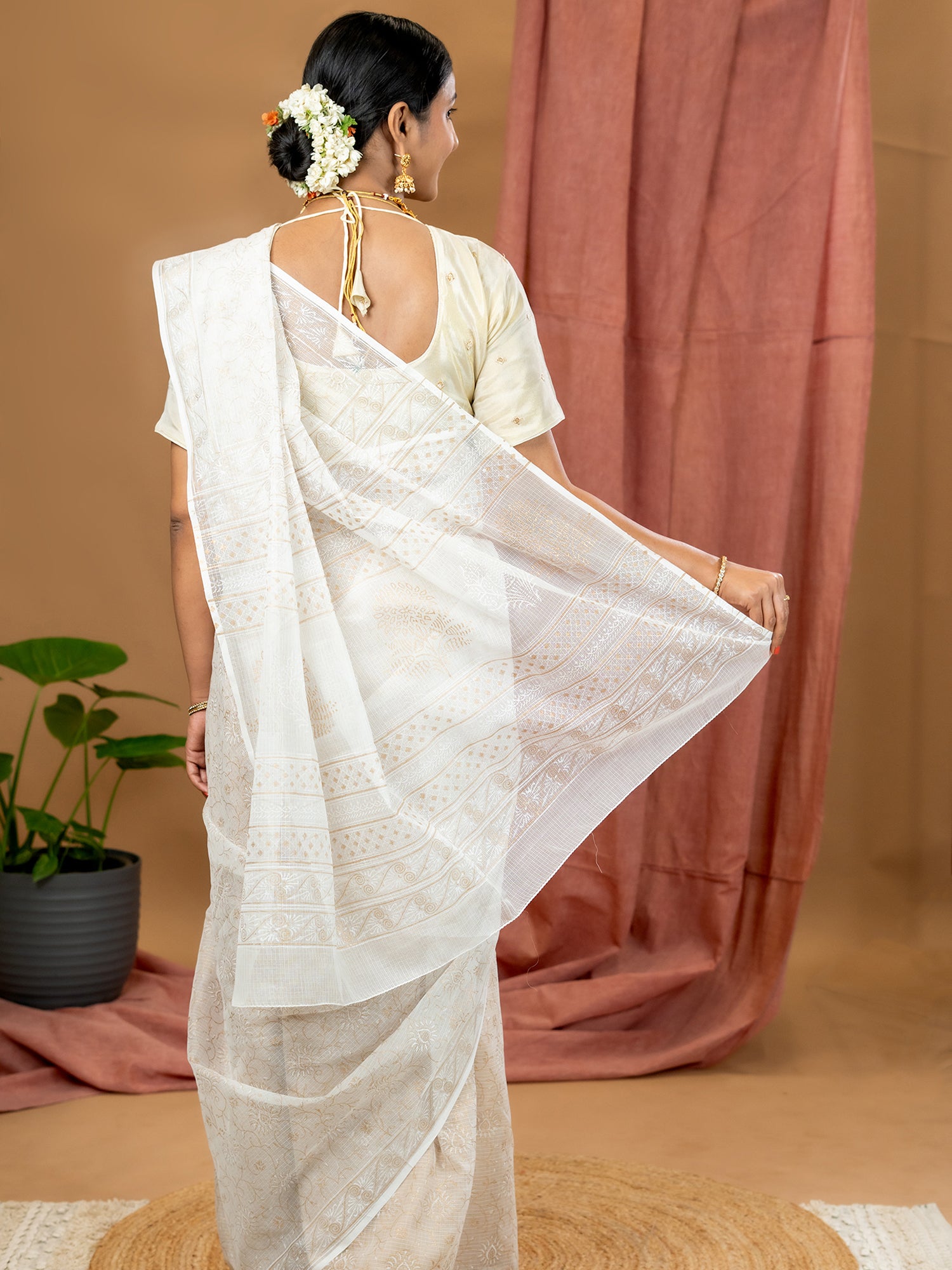 Malar White Hand Block Print Saree