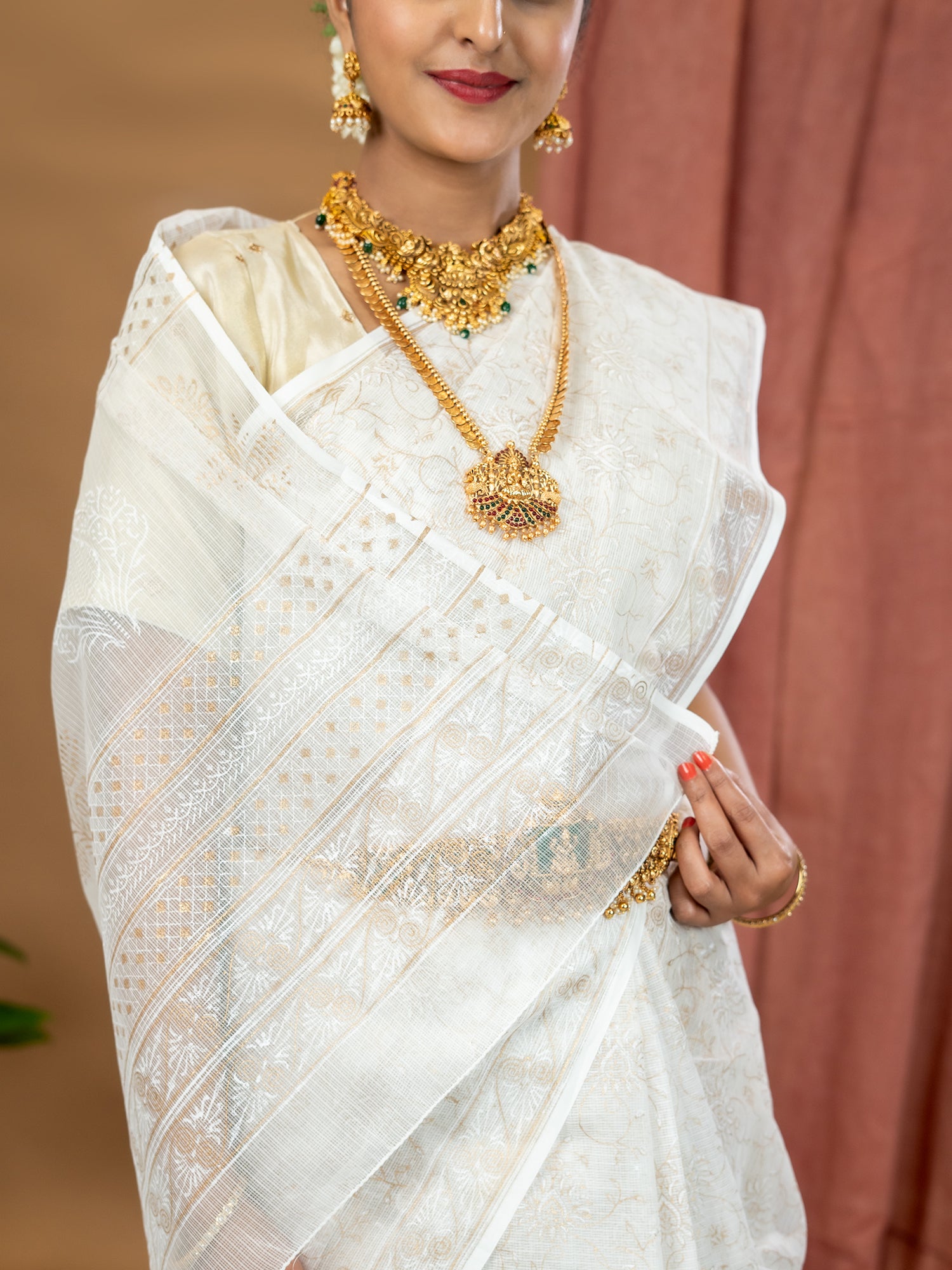 Malar White Hand Block Print Saree