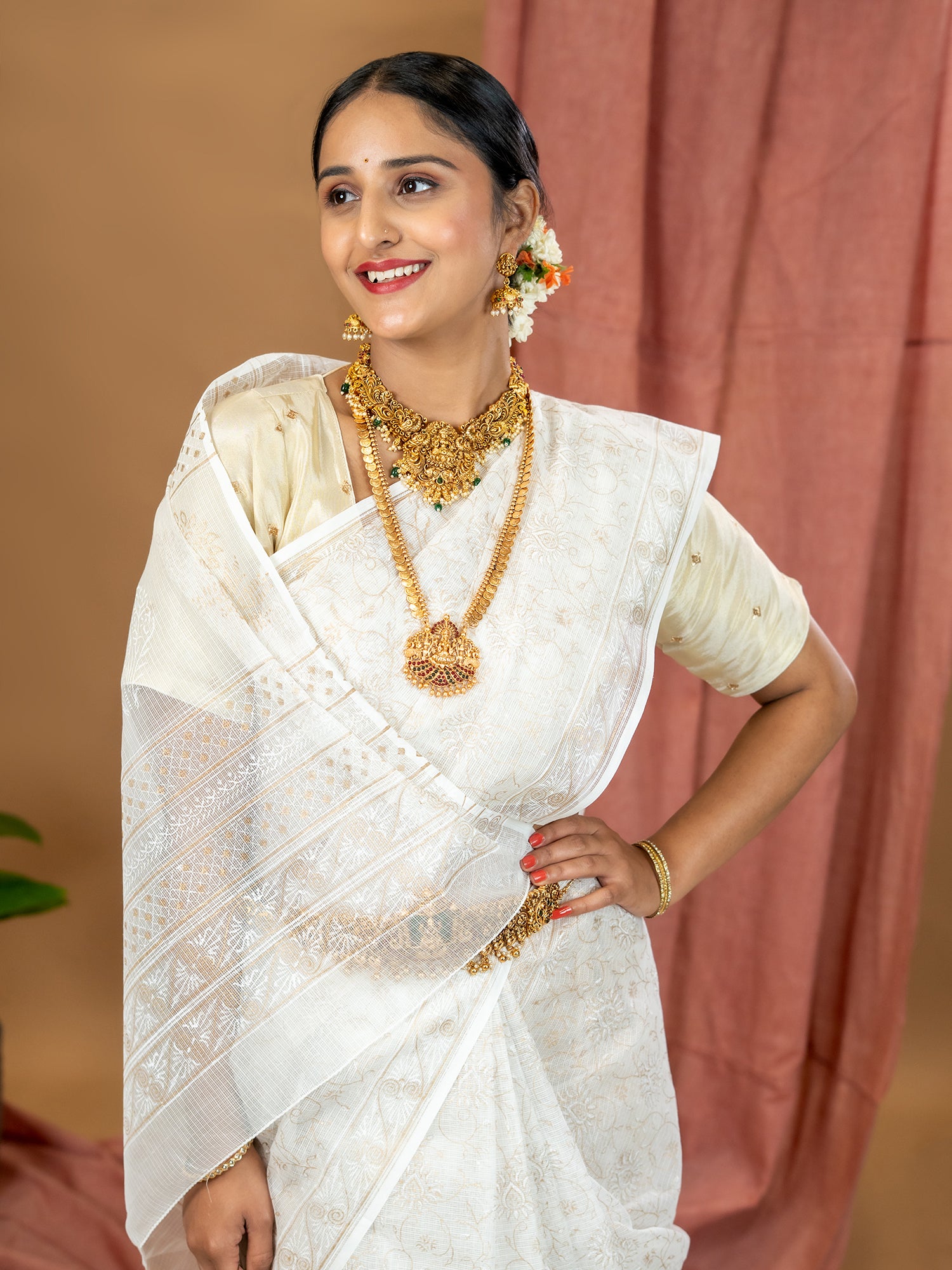 Malar White Hand Block Print Saree