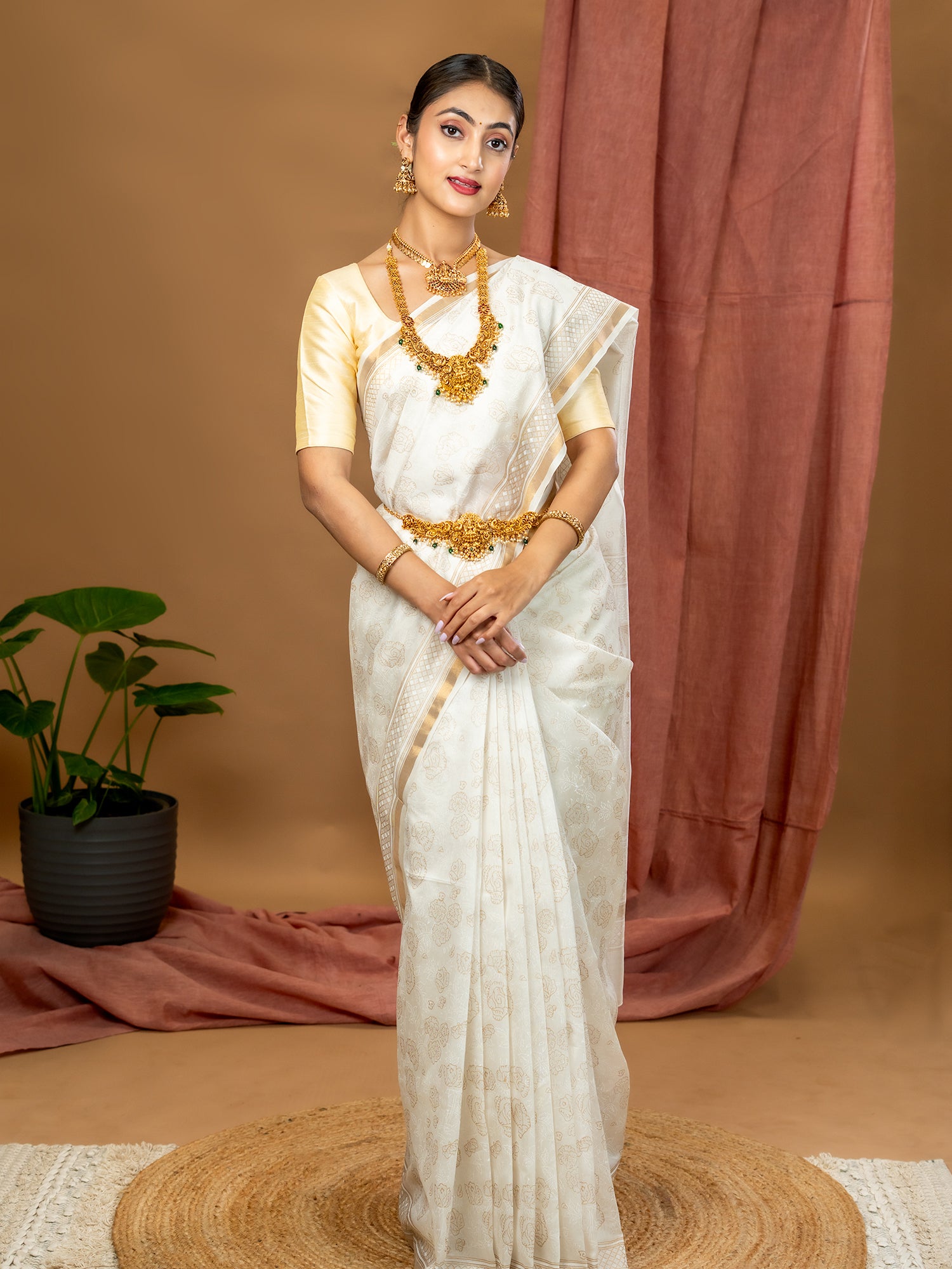 Malar White Hand Block Print Saree