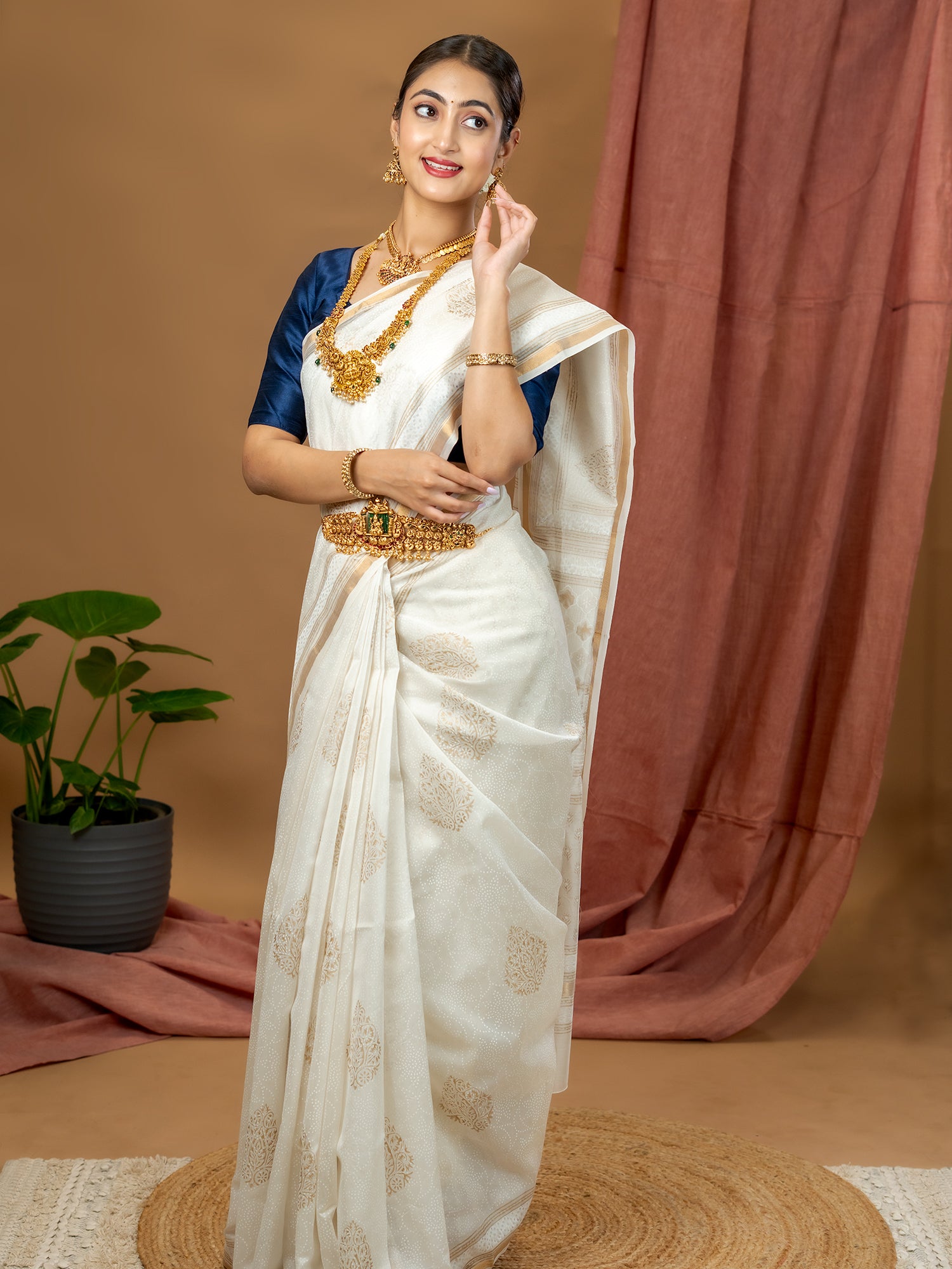 Malar White Hand Block Print Saree