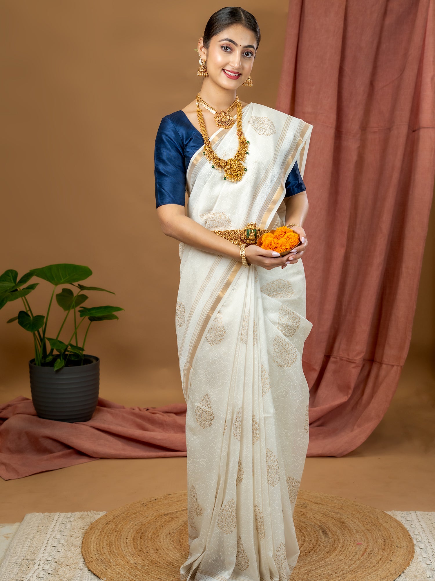 Malar White Hand Block Print Saree