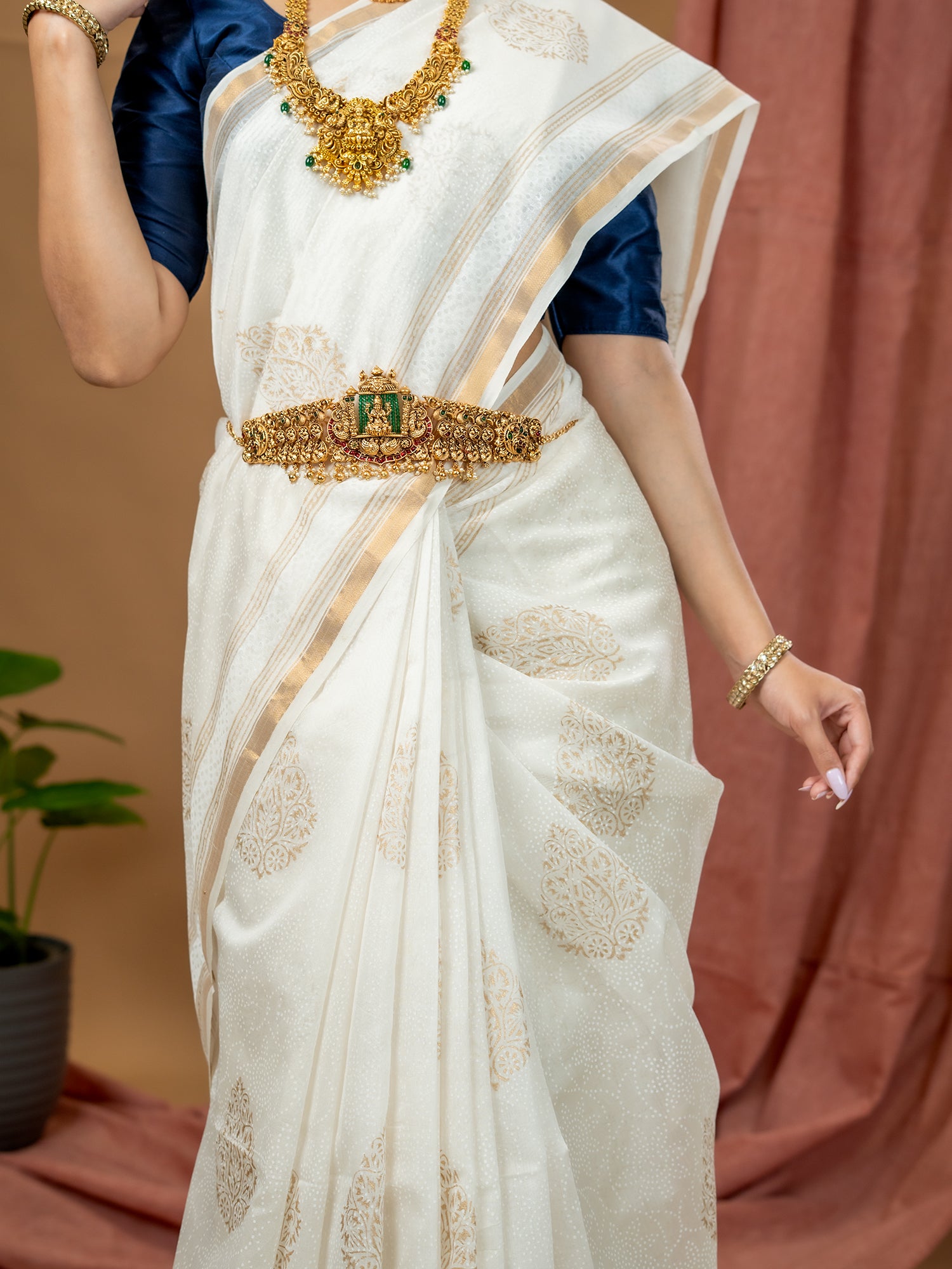 Malar White Hand Block Print Saree