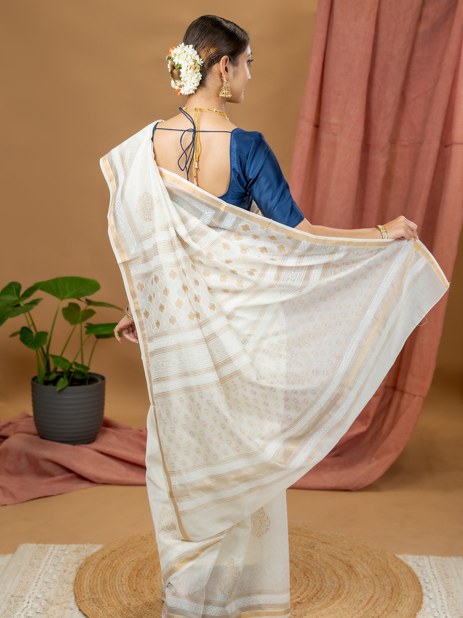 Malar White Hand Block Print Saree