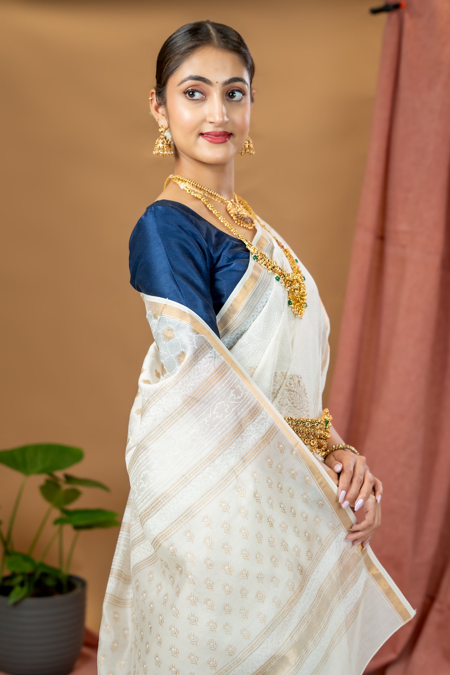 Malar White Hand Block Print Saree