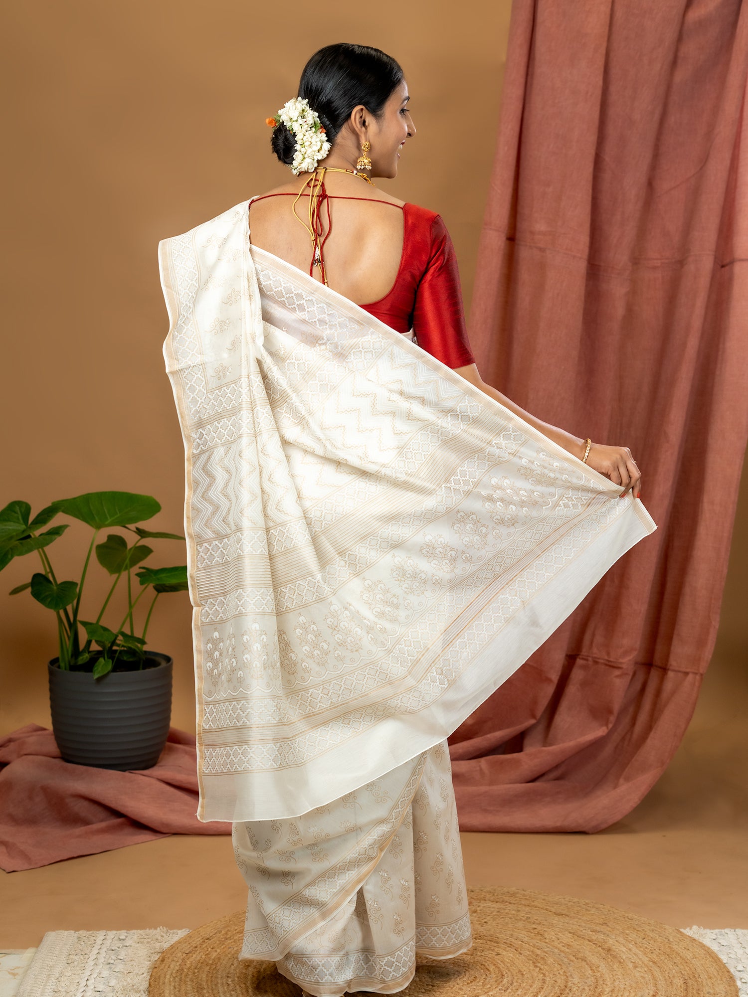 Malar Off White Hand Block Print Saree