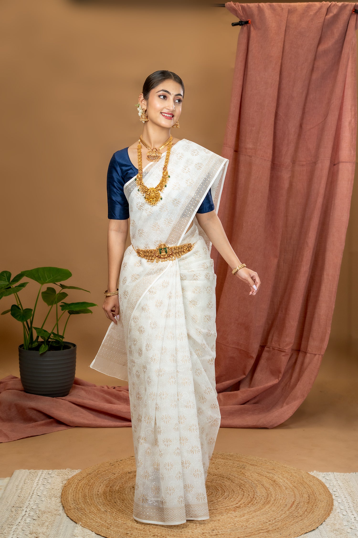 Malar Cream Hand Block Print Saree