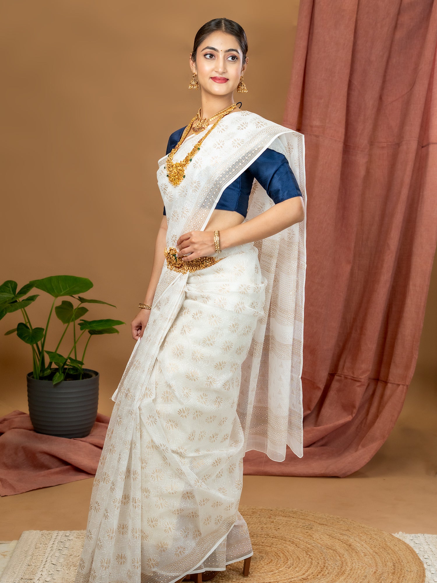 Malar Cream Hand Block Print Saree