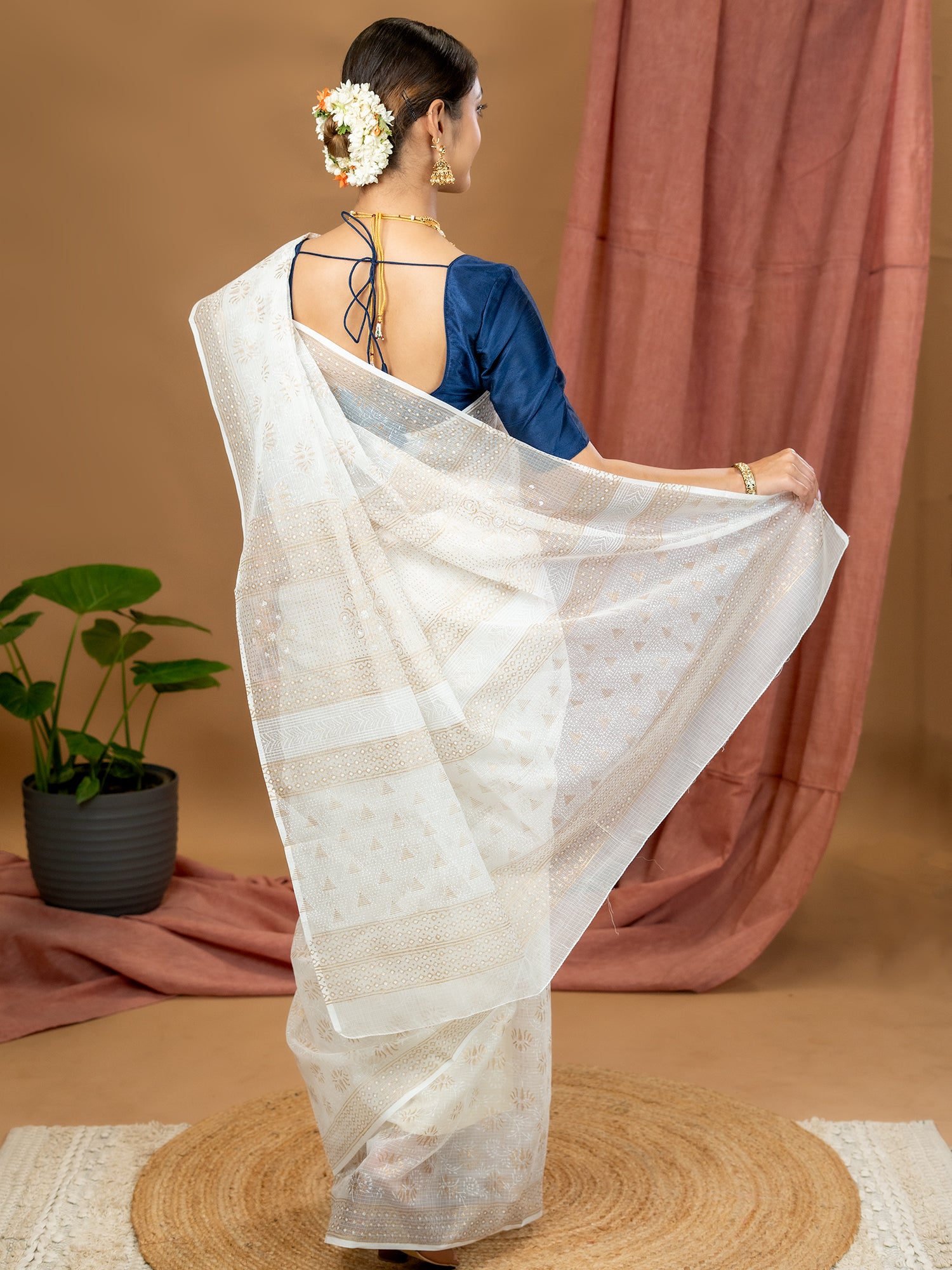 Malar Cream Hand Block Print Saree