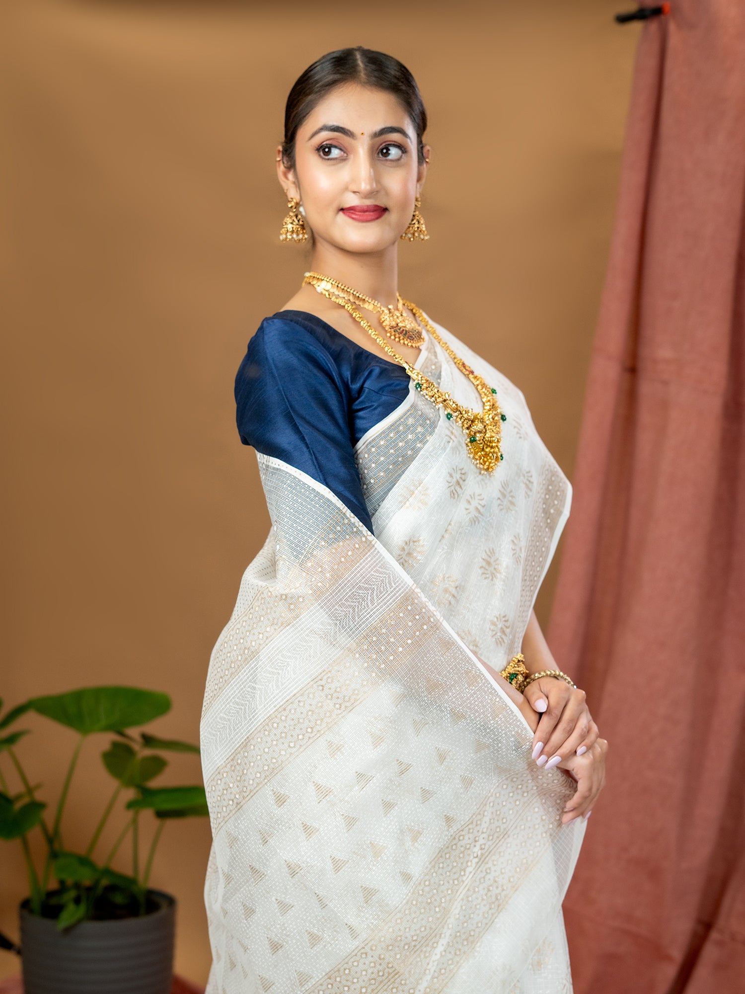 Malar Cream Hand Block Print Saree