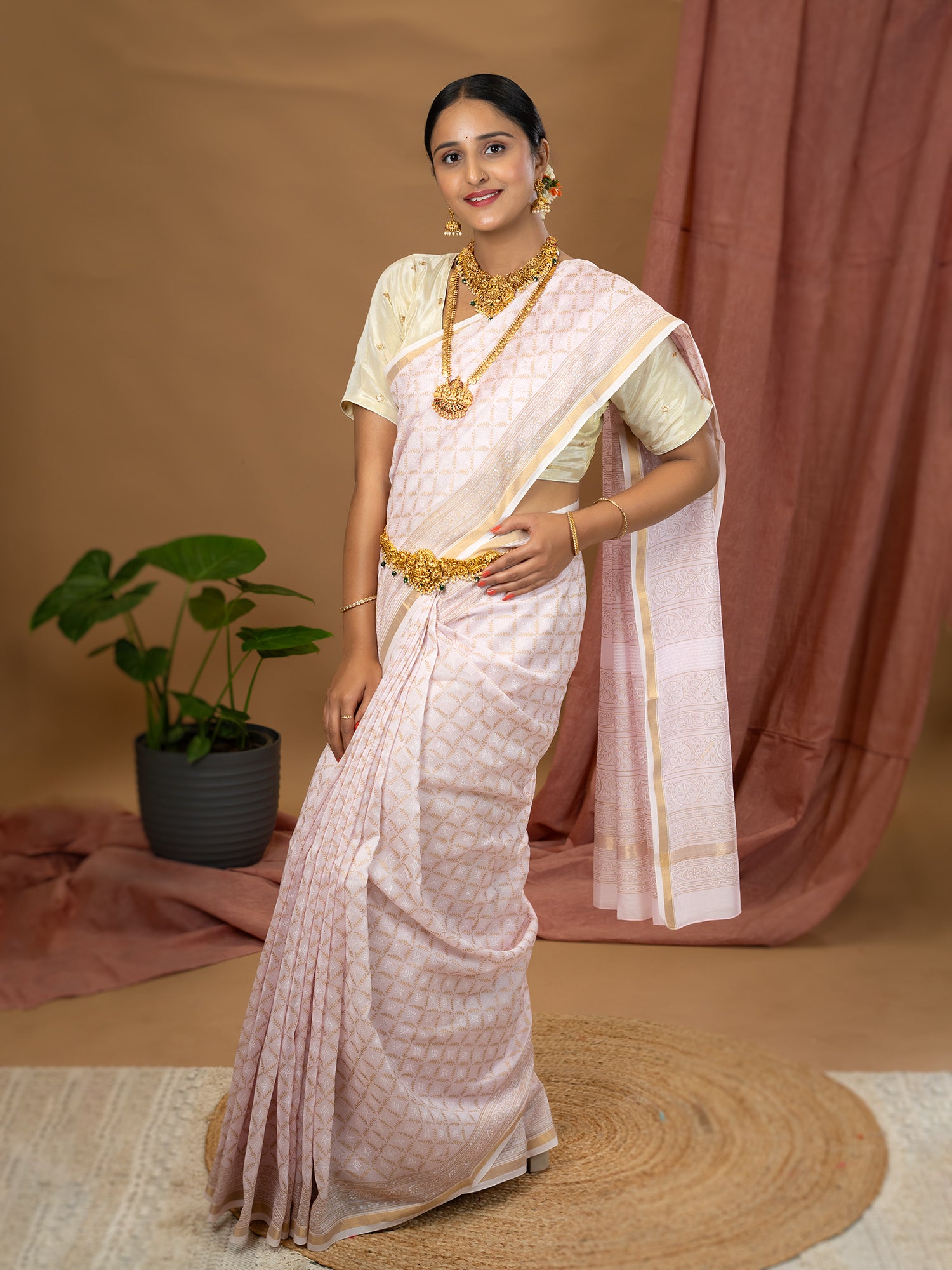 Malar Baby Pink Hand Block Print Saree