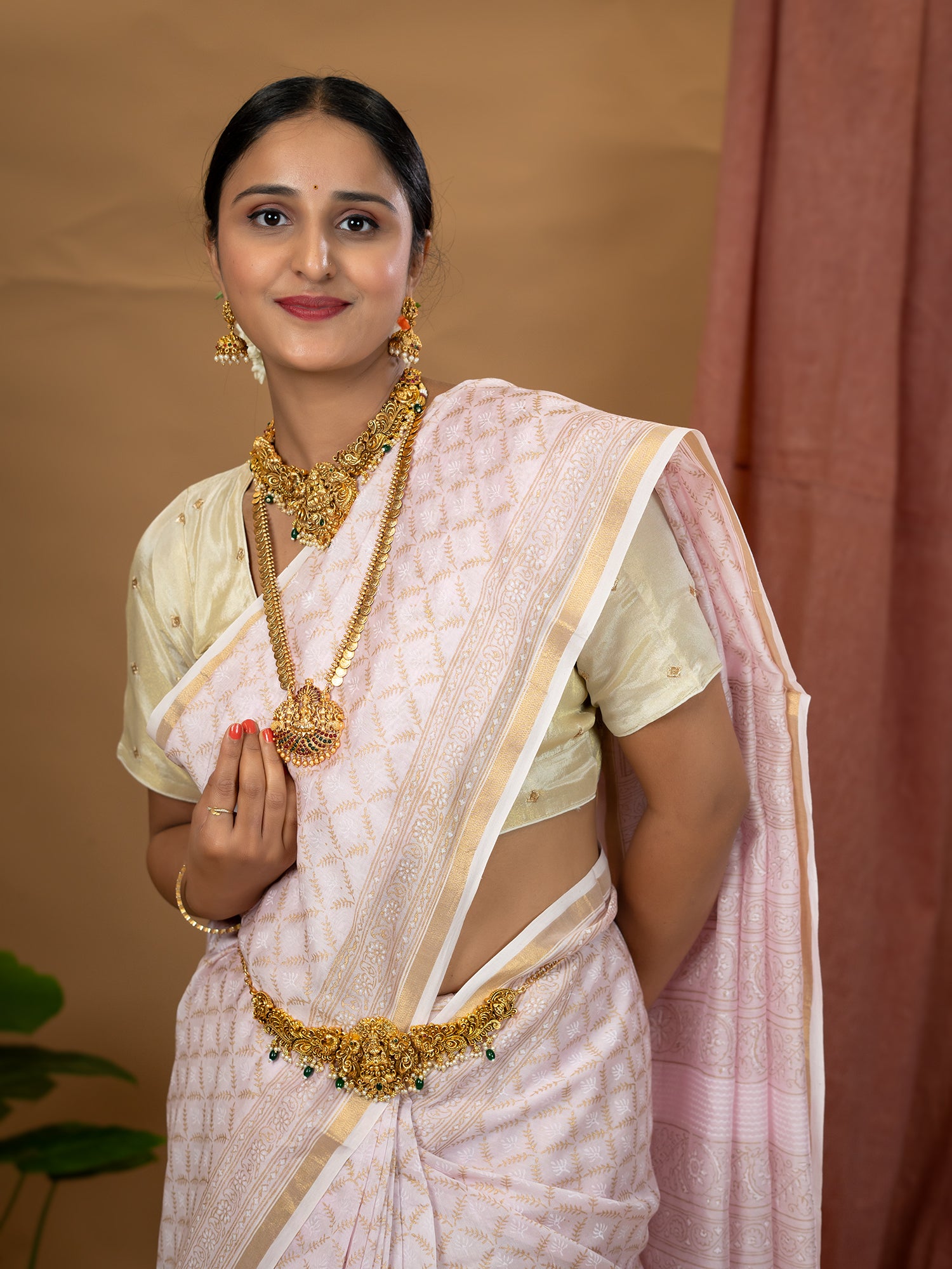 Malar Baby Pink Hand Block Print Saree