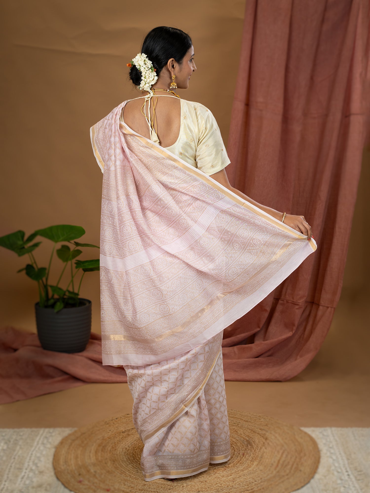 Malar Baby Pink Hand Block Print Saree