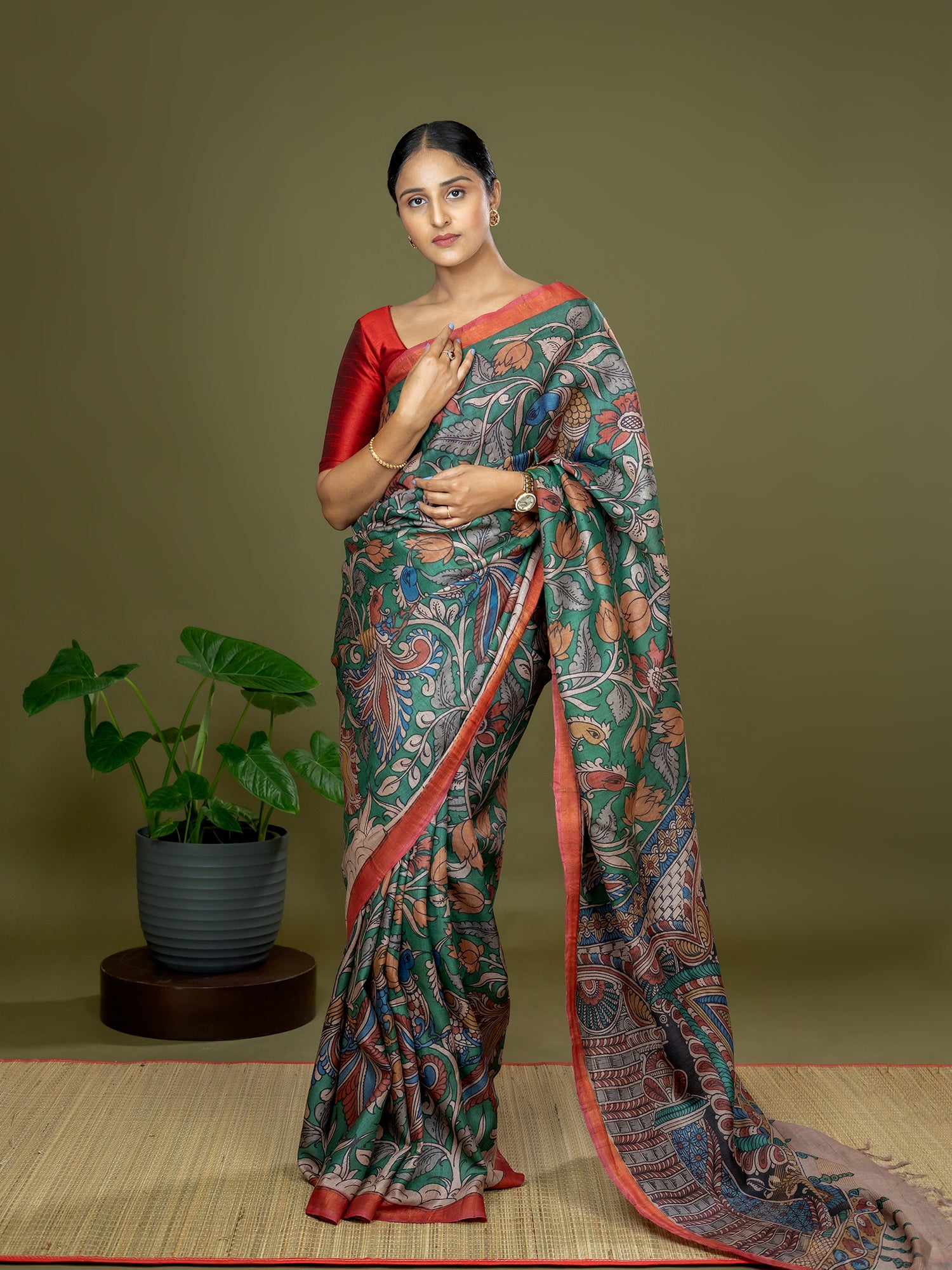 Manjari Dark Green Kalamkari Saree