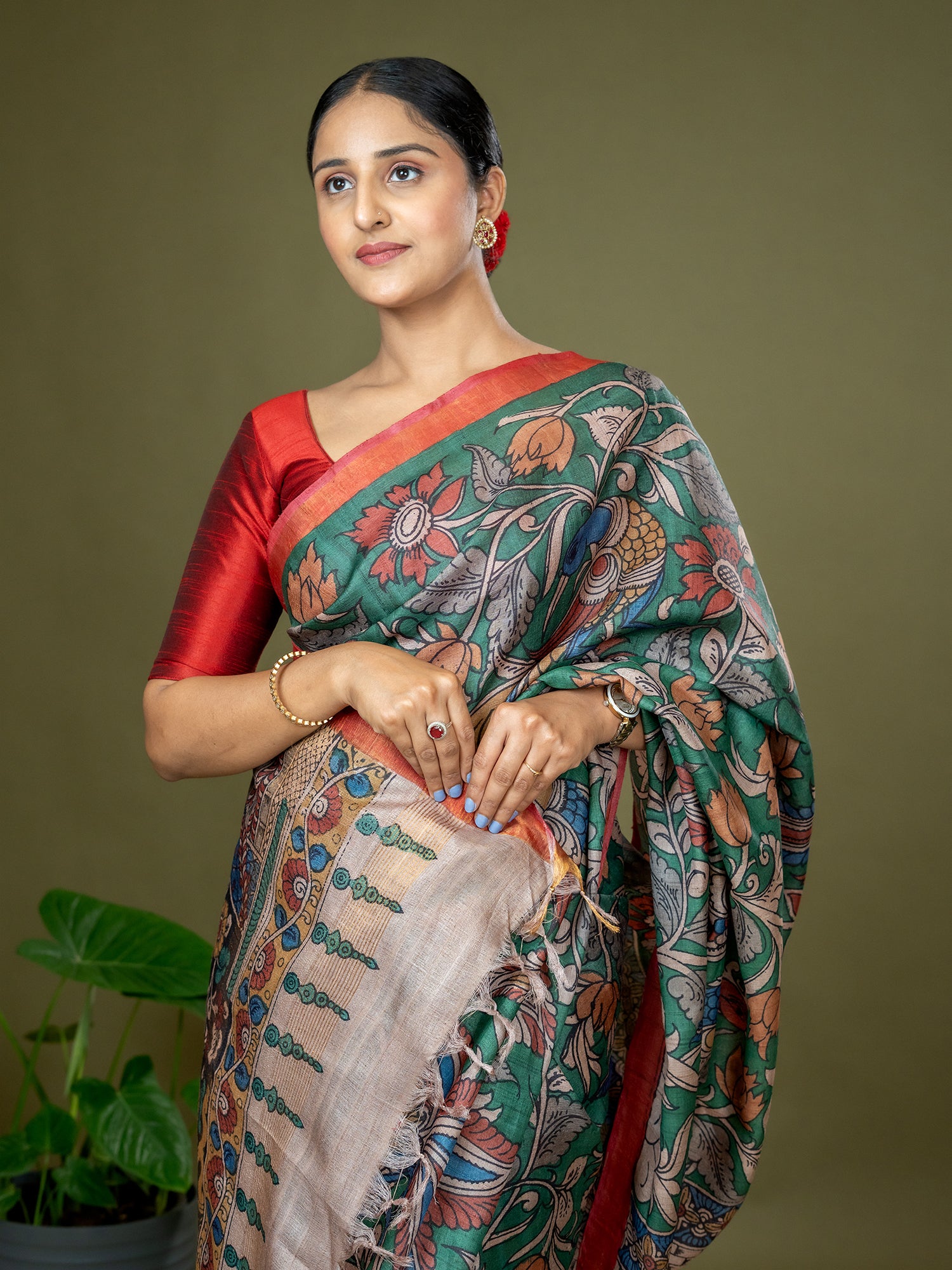 Manjari Dark Green Kalamkari Saree
