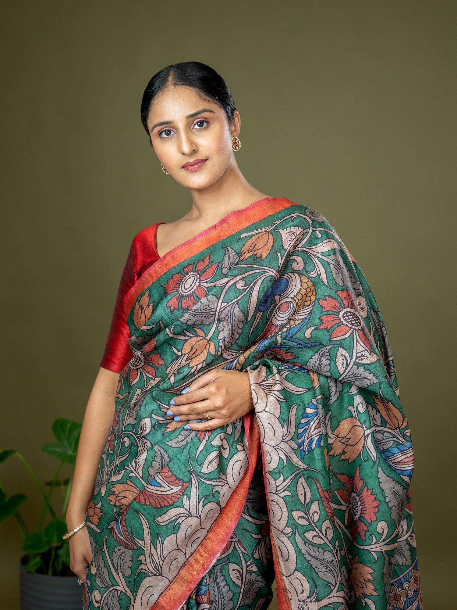 Manjari Dark Green Kalamkari Saree