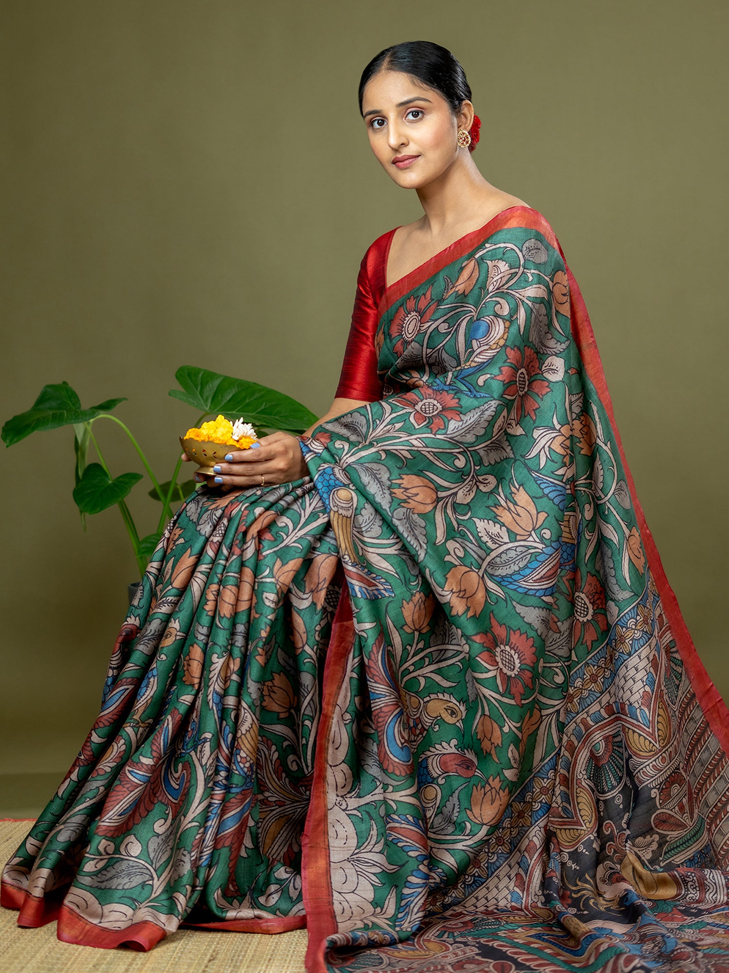Manjari Dark Green Kalamkari Saree