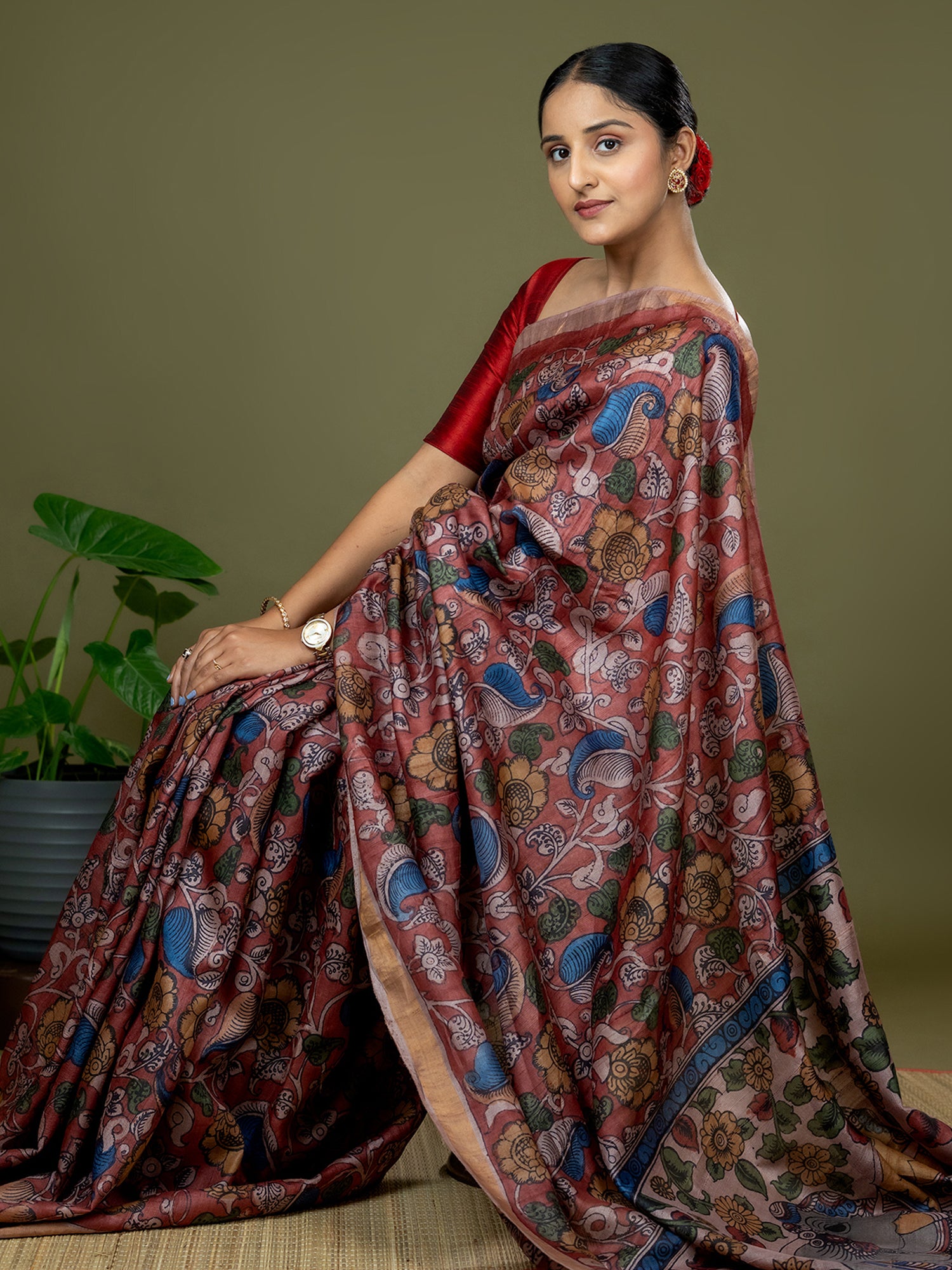Manjari Red Kalamkari Saree