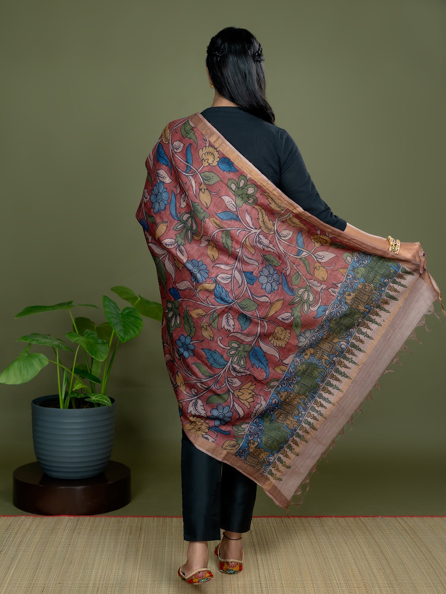 Alekha Maroon Kalamkari Dupatta