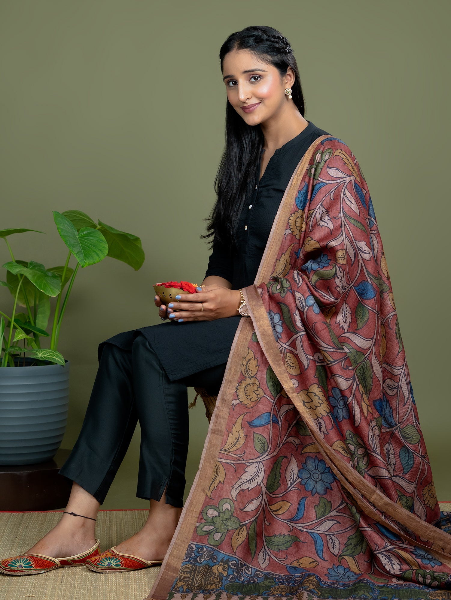 Alekha Maroon Kalamkari Dupatta