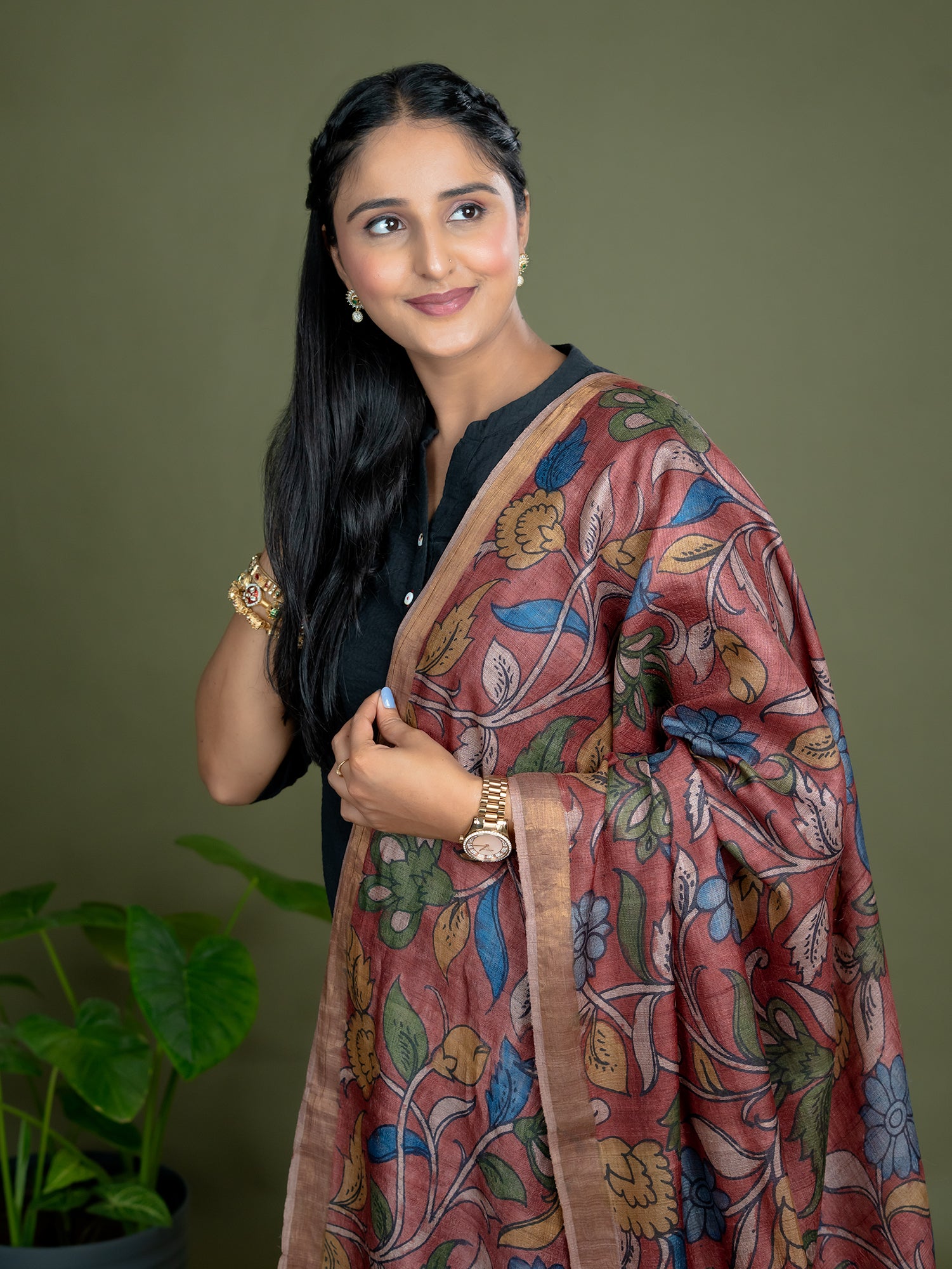 Alekha Maroon Kalamkari Dupatta
