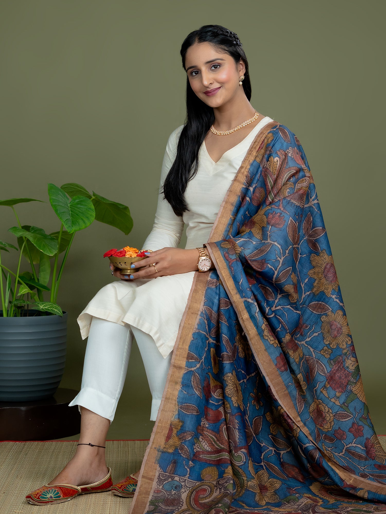 Alekha Blue Kalamkari Dupatta