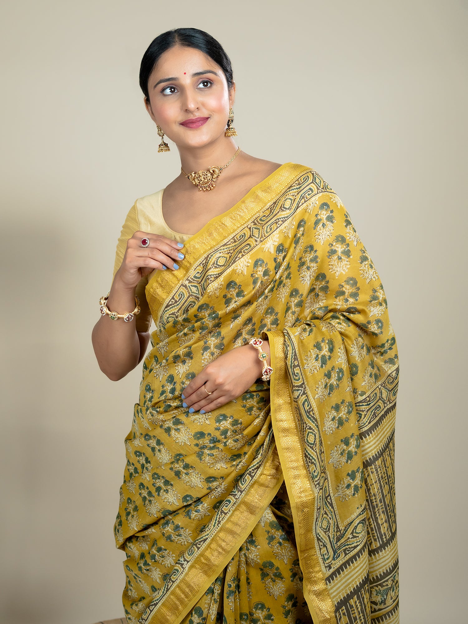 Vasanta Mustard Ajrakh Saree