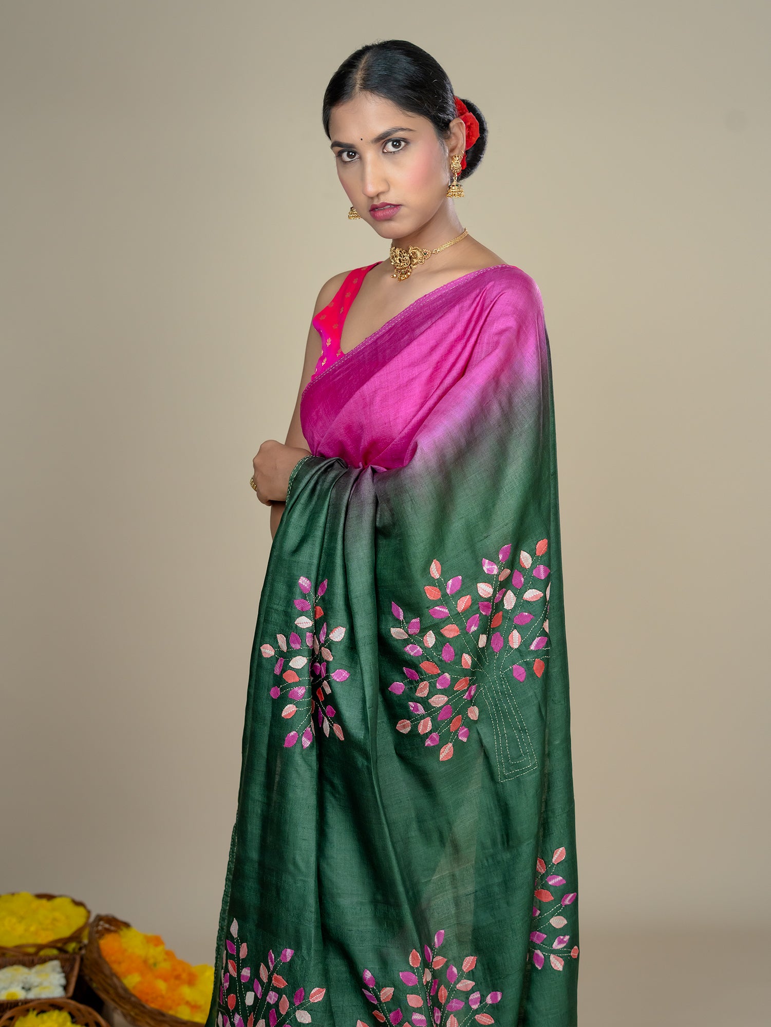 Kalpavruksha Pink Hand Embroidery Applique Saree