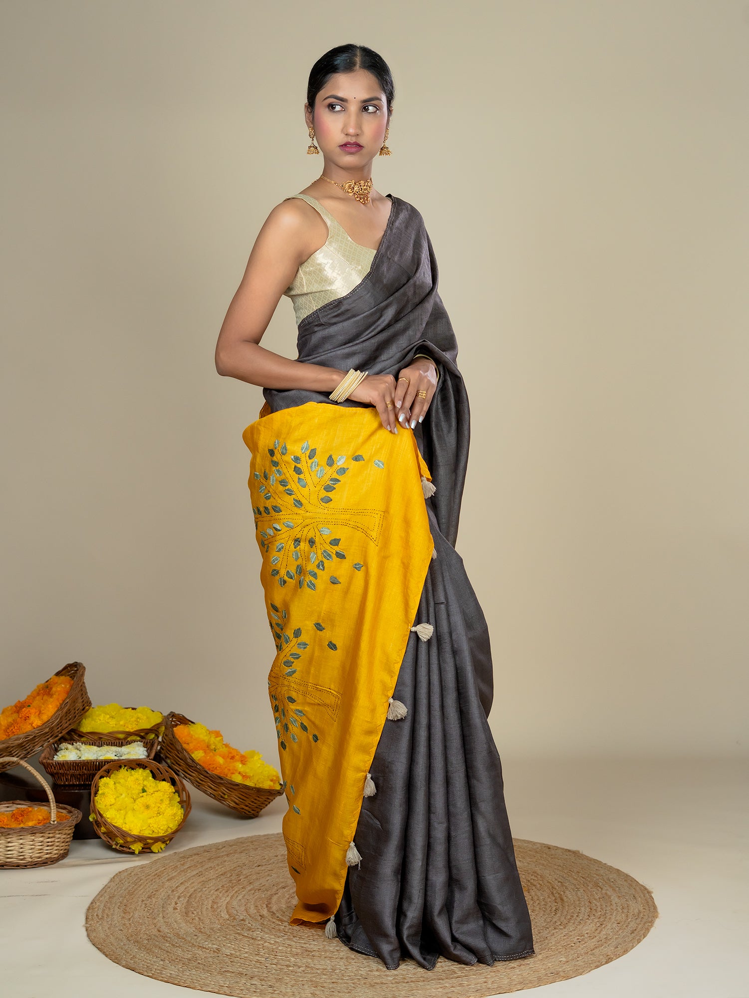 Kalpavruksha Mustard Hand Embroidery Applique Saree