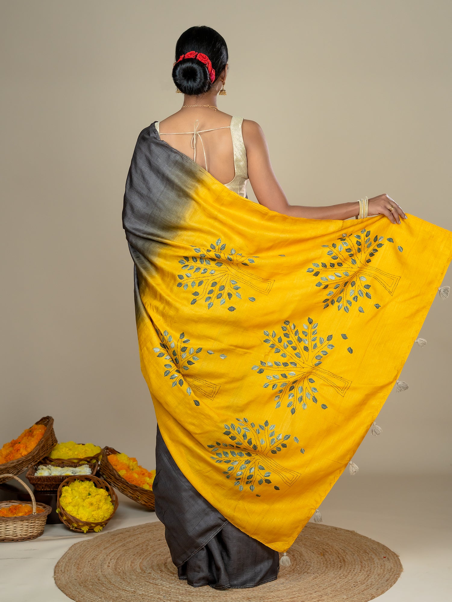 Kalpavruksha Mustard Hand Embroidery Applique Saree