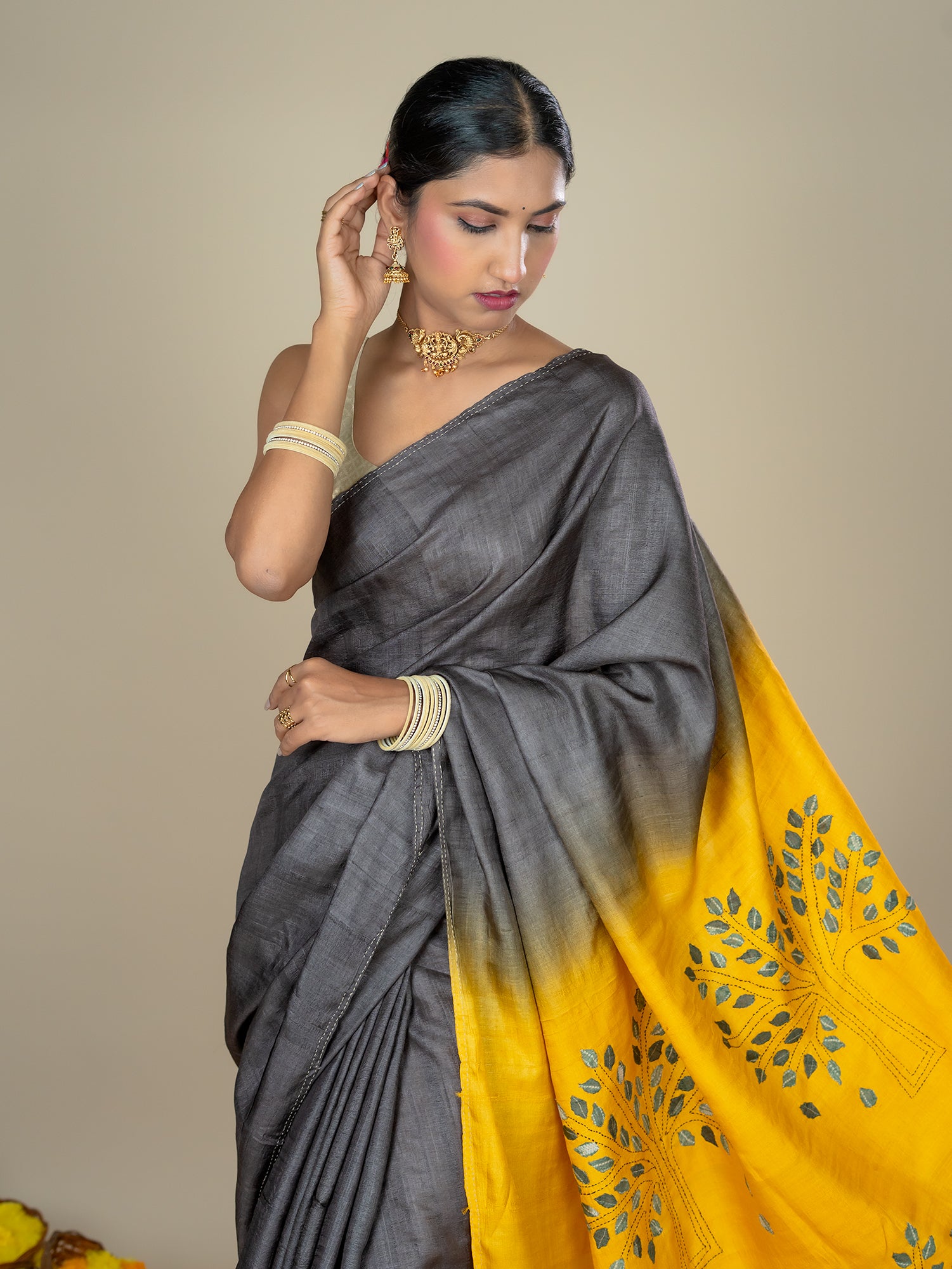 Kalpavruksha Mustard Hand Embroidery Applique Saree