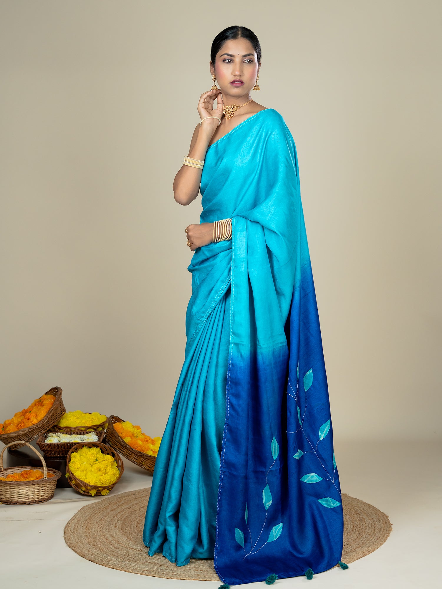 Sugandha Turquoise Hand Embroidery Applique Saree