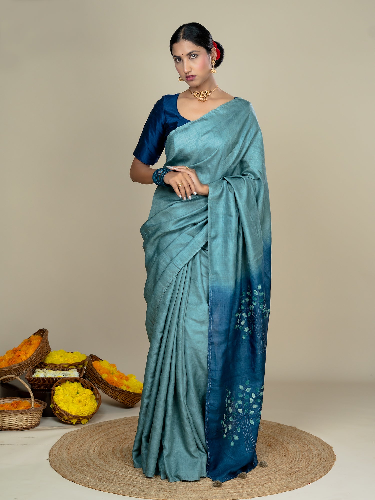 Kalpavruksha Indigo Hand Embroidery Applique Saree