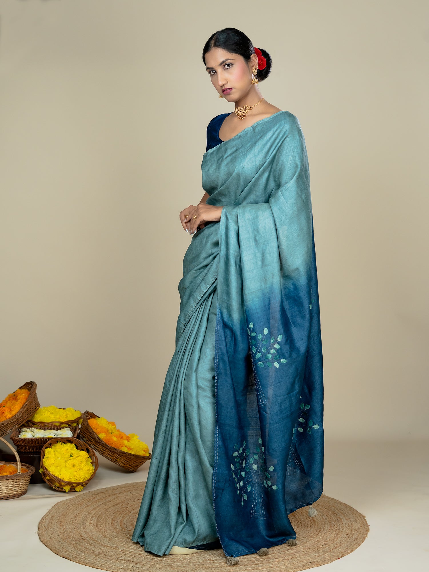 Kalpavruksha Indigo Hand Embroidery Applique Saree