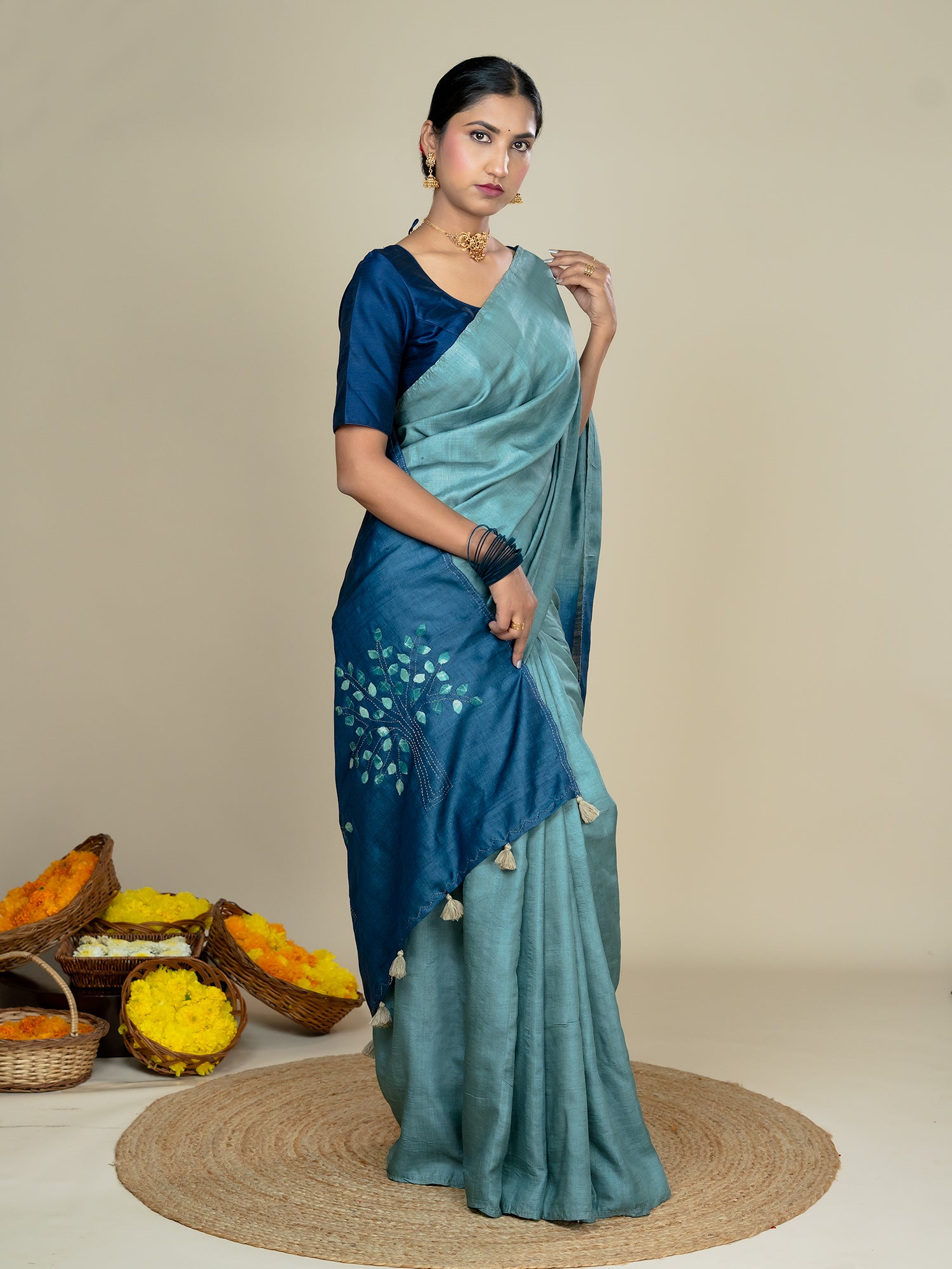 Kalpavruksha Indigo Hand Embroidery Applique Saree