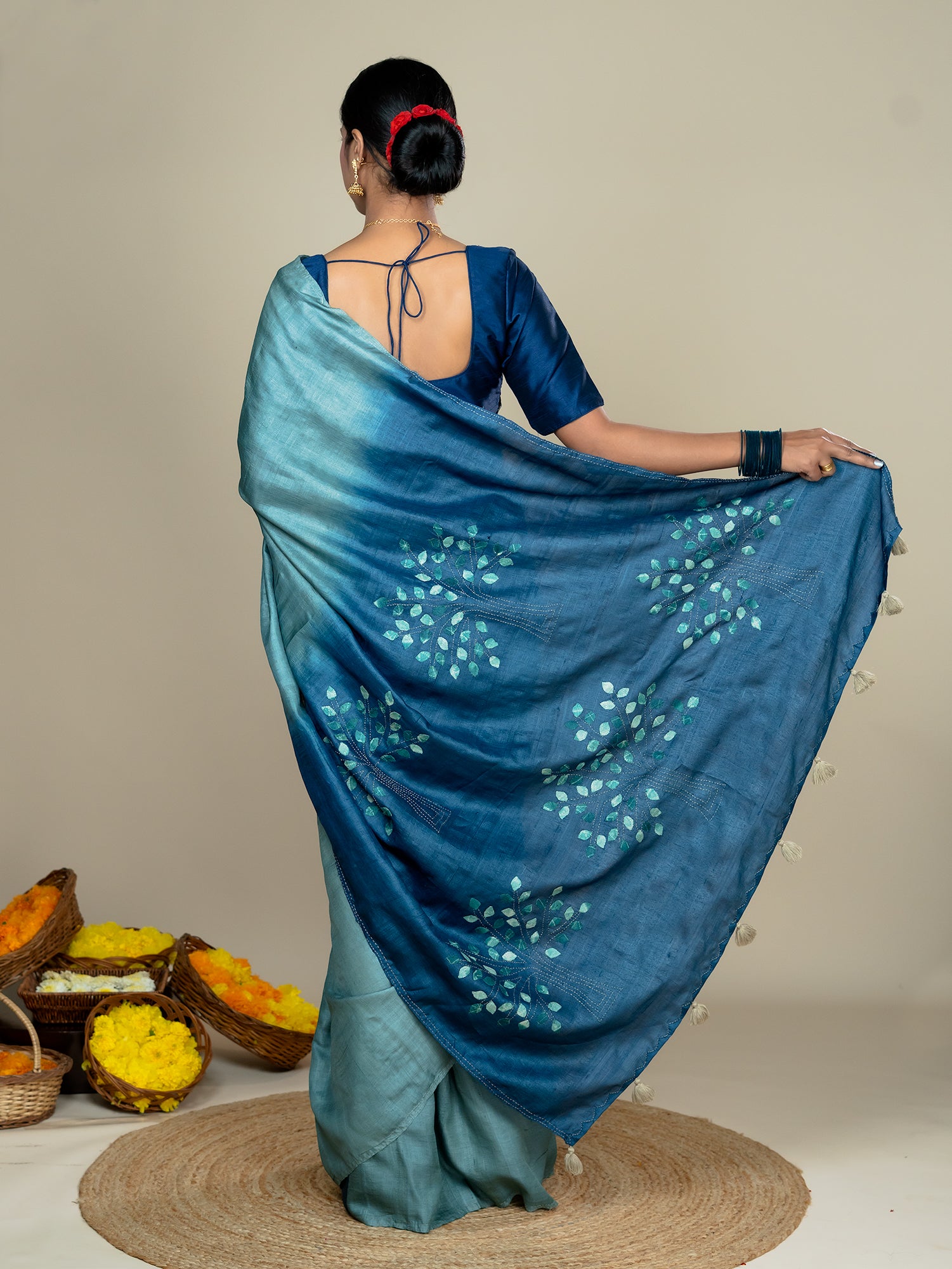 Kalpavruksha Indigo Hand Embroidery Applique Saree