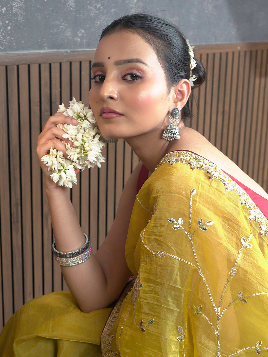 Gota Mustard Embroidered Saree