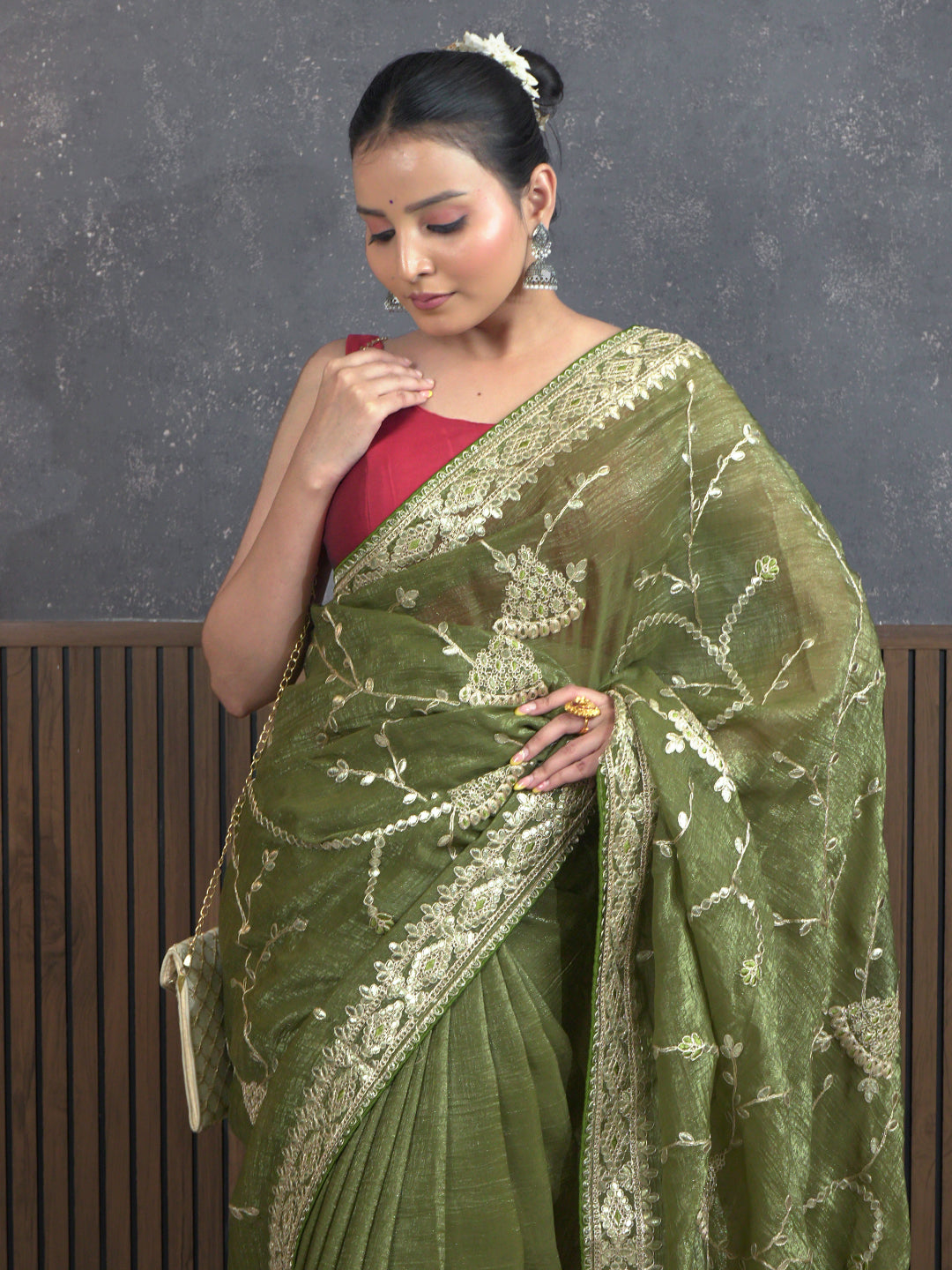 Gota Olive Embroidered Saree