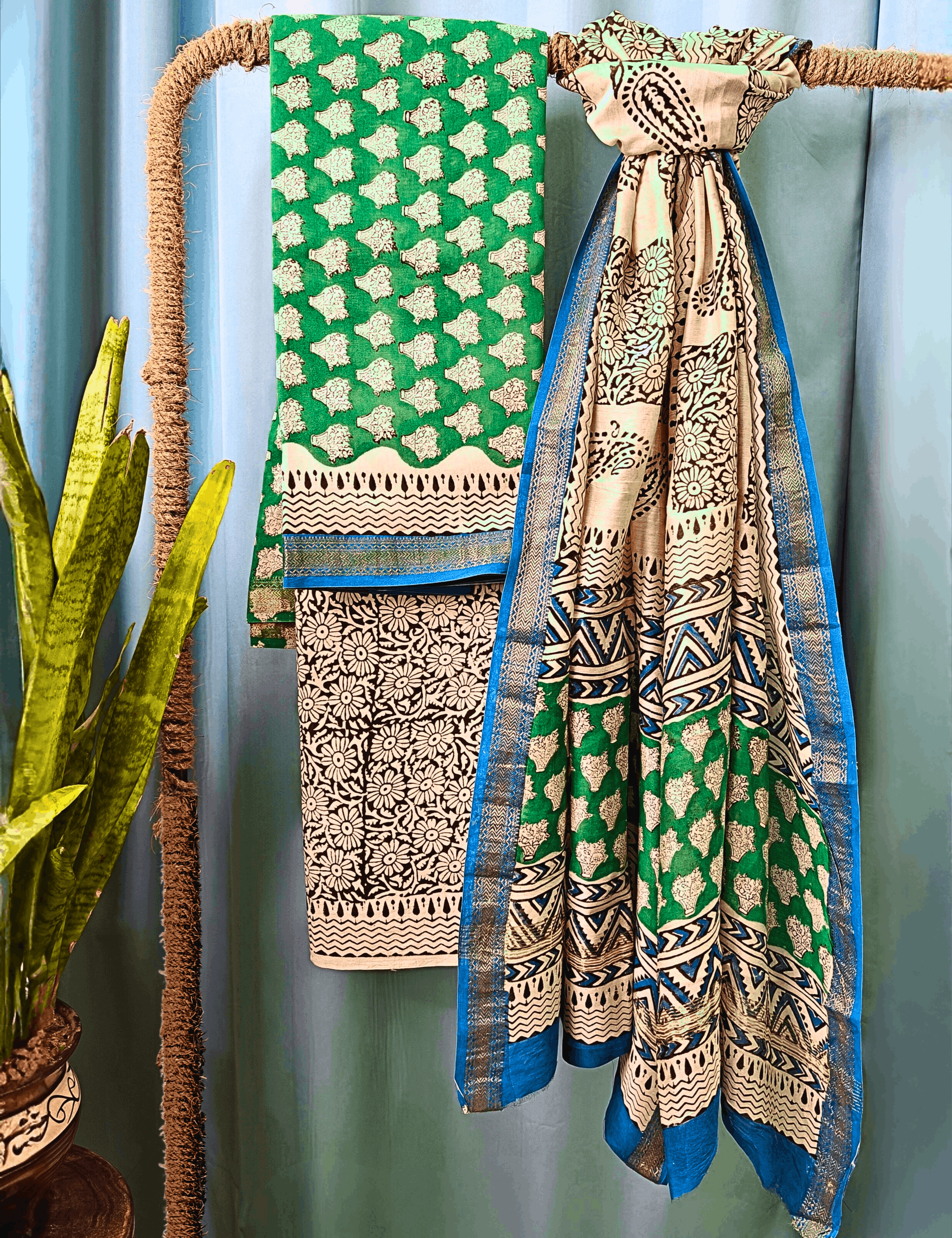 Rangeen Green Bagru Dress Material