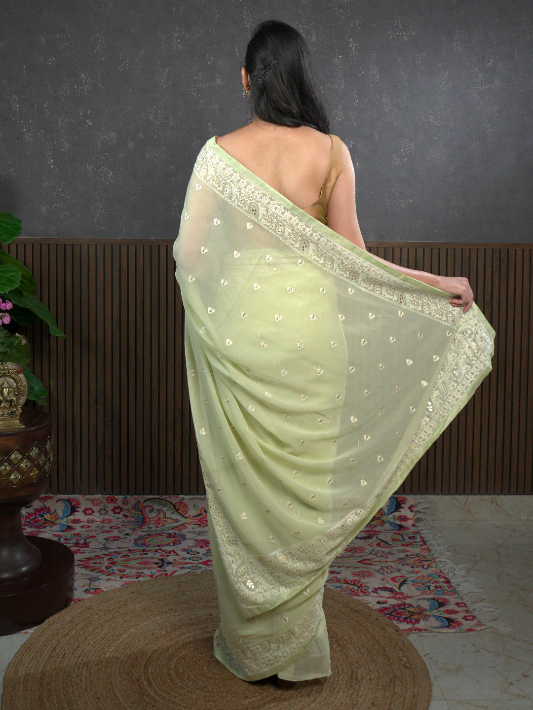 Nazakat Green Karachi Work Saree