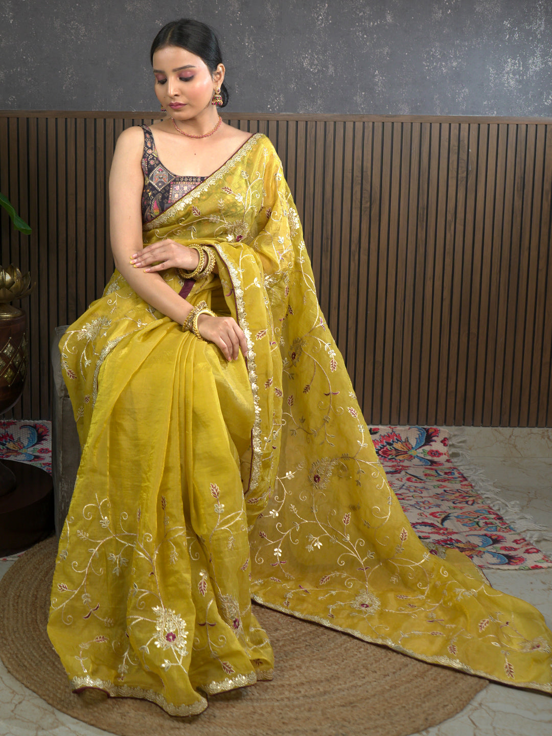 Gota Mustard Embroidered Saree