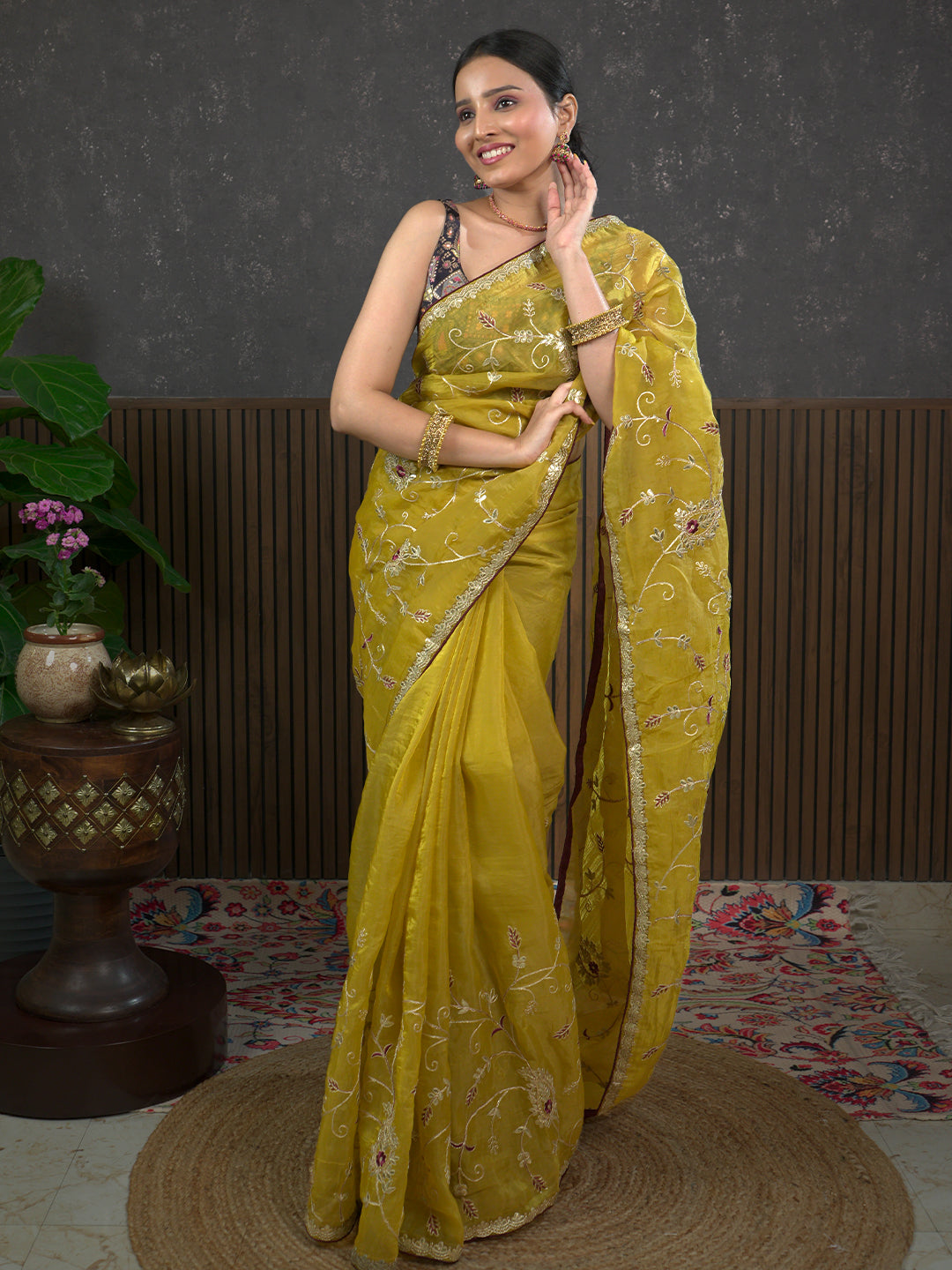 Gota Mustard Embroidered Saree